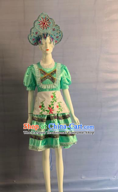 China Xinjiang Ethnic Girl Folk Dance Garment Costumes Traditional Eluosi Nationality Children Green Dress Clothing and Headpiece