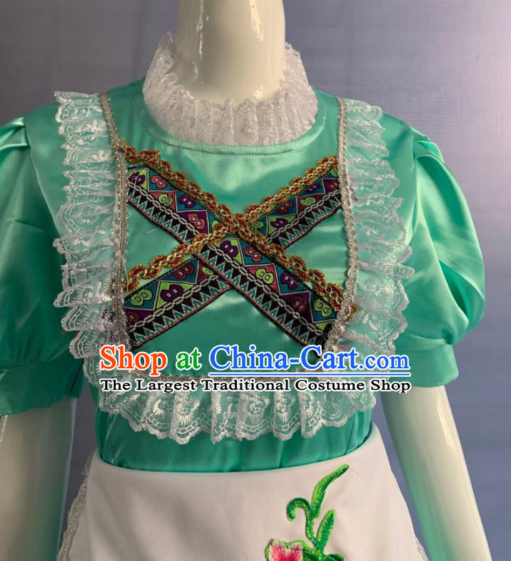 China Xinjiang Ethnic Girl Folk Dance Garment Costumes Traditional Eluosi Nationality Children Green Dress Clothing and Headpiece