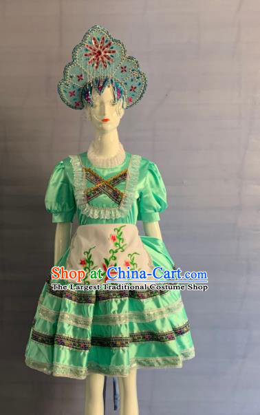 China Xinjiang Ethnic Girl Folk Dance Garment Costumes Traditional Eluosi Nationality Children Green Dress Clothing and Headpiece