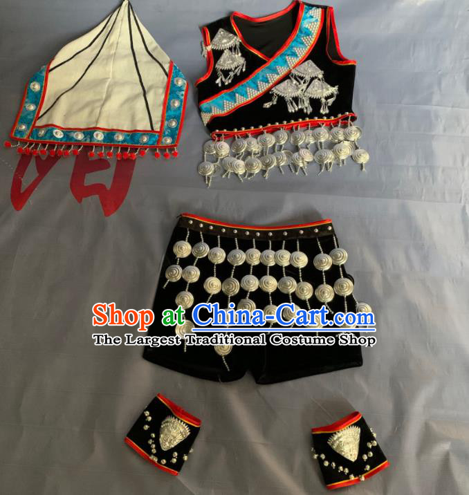 Chinese Jino Nationality Woman Clothing Jinuo Minority Folk Dance Black Uniforms Yunnan Ethnic Performance Garment Costumes and Headwear