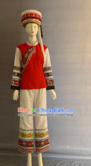 Chinese Bai Nationality Country Woman Clothing Minority Folk Dance Dress Uniforms Yunnan Ethnic Female Garment Costume and Headwear
