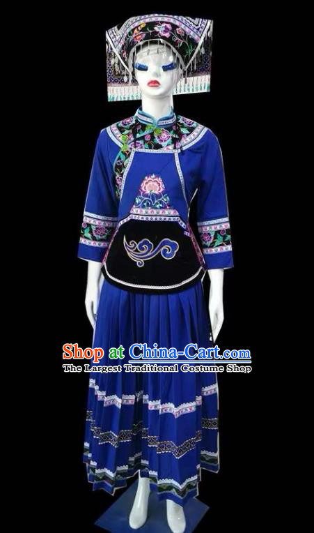 Chinese Bouyei Nationality Female Clothing Puyi Minority Blue Dress Uniforms Guizhou Ethnic Folk Dance Garment Costumes and Headdress