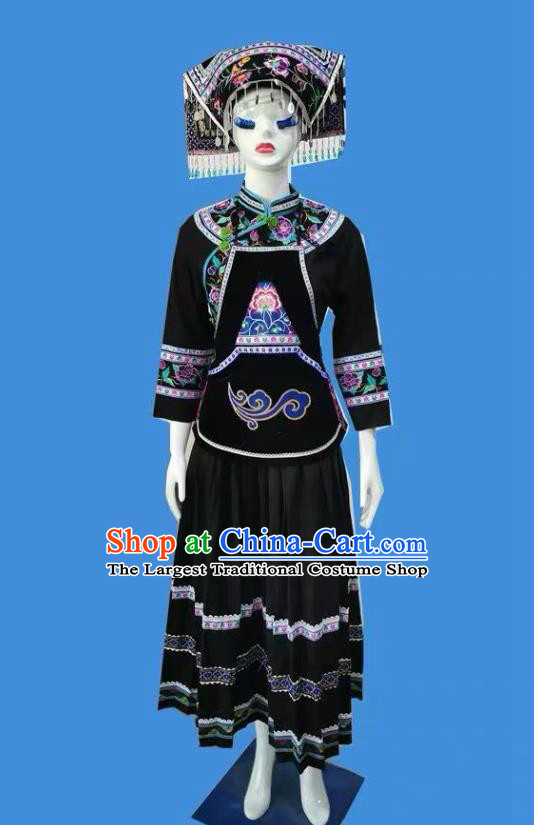 Chinese Puyi Ethnic Folk Dance Garment Costumes Guizhou Nationality Female Clothing Bouyei Minority Black Dress Uniforms and Headpiece