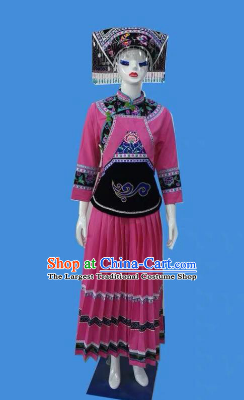 Chinese Bouyei Minority Rosy Dress Uniforms Puyi Ethnic Folk Dance Garment Costumes Guizhou Nationality Female Clothing and Headwear