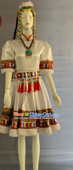 Chinese Minority Folk Dance White Dress Uniforms Tibetan Ethnic Woman Garment Costumes Zang Nationality Performance Clothing and Hat