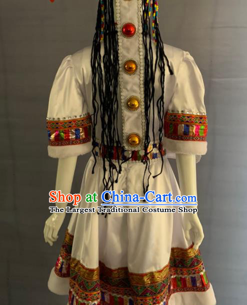 Chinese Minority Folk Dance White Dress Uniforms Tibetan Ethnic Woman Garment Costumes Zang Nationality Performance Clothing and Hat