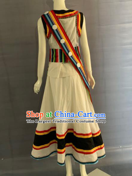 Chinese Lisu Nationality Wedding Clothing Minority Folk Dance White Dress Uniforms Yunnan Ethnic Woman Garment Costumes and Bag