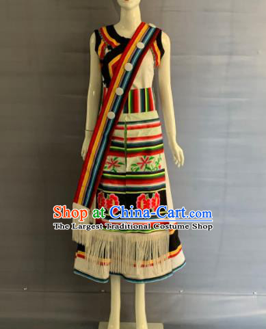 Chinese Lisu Nationality Wedding Clothing Minority Folk Dance White Dress Uniforms Yunnan Ethnic Woman Garment Costumes and Bag