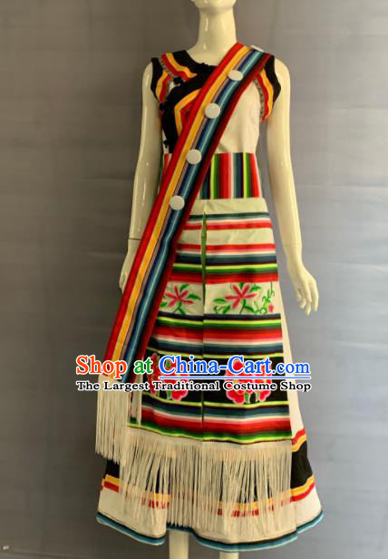 Chinese Lisu Nationality Wedding Clothing Minority Folk Dance White Dress Uniforms Yunnan Ethnic Woman Garment Costumes and Bag
