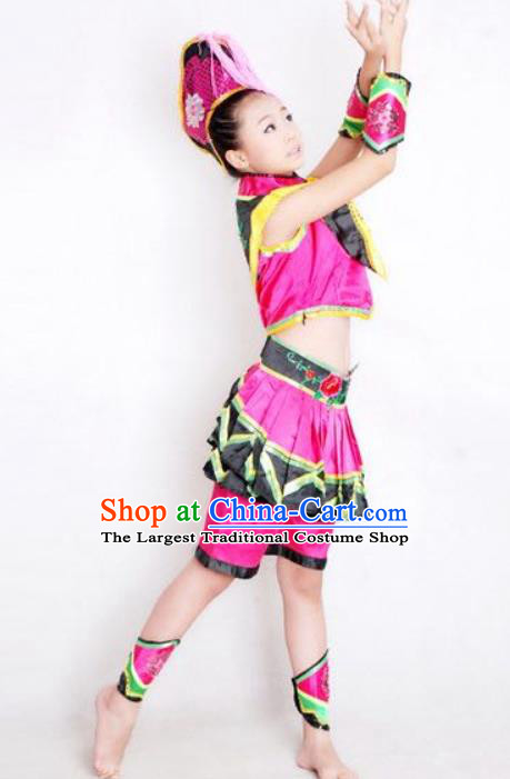 China Ethnic Children Folk Dance Garment Costumes Traditional Yi Nationality Girl Rosy Dress Outfits Clothing and Hair Accessories