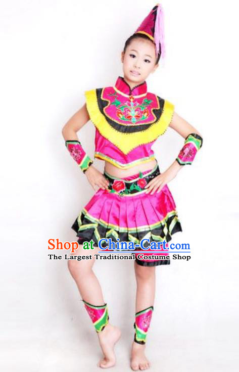 China Ethnic Children Folk Dance Garment Costumes Traditional Yi Nationality Girl Rosy Dress Outfits Clothing and Hair Accessories