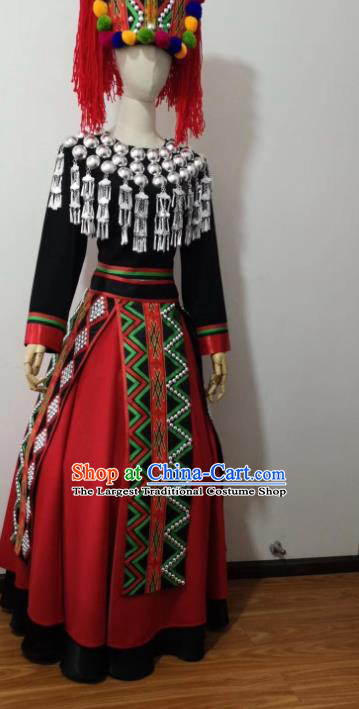 Chinese Jingpo Nationality Wedding Clothing Chingpo Minority Female Dress Uniforms Yunnan Ethnic Bride Garment Costumes and Headwear