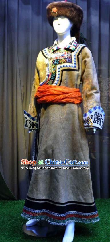 Chinese Mongolian Ethnic Dance Garment Costumes Mongol Nationality Clothing Minority Female Grey Dress Uniforms and Headwear