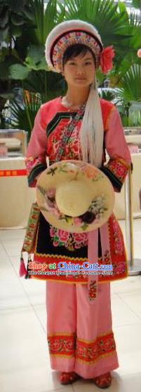 Chinese Yunnan Ethnic Wedding Garment Costumes Bai Nationality Female Clothing Minority Bride Pink Dress Uniforms and Headpiece