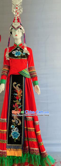 Chinese She Nationality Bride Clothing Minority Wedding Red Dress Uniforms Fujian Ethnic Dance Garment Costumes and Headpiece