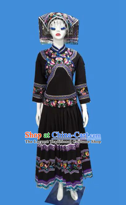 Chinese Buyei Nationality Folk Dance Clothing Puyi Minority Female Black Dress Uniforms Guizhou Bouyei Ethnic Woman Garment Costumes and Headdress