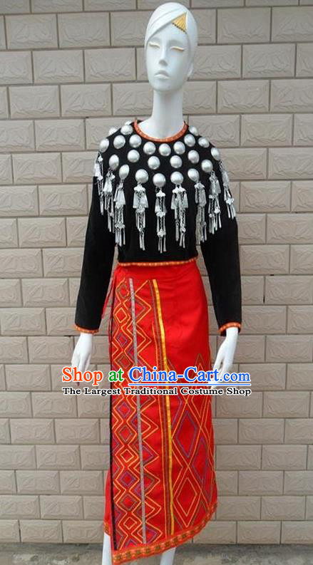 Chinese Jingpo Nationality Folk Dance Clothing Wa Minority Red Skirt Uniforms Yunnan Ethnic Woman Garment Costumes