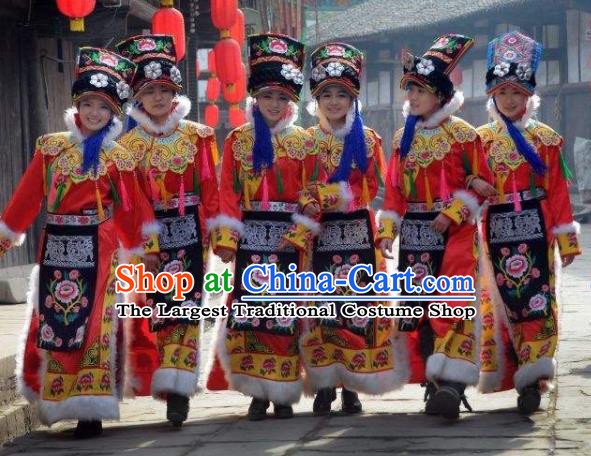 Chinese Qiang Nationality Folk Dance Clothing Minority Festival Red Dress Uniforms Sichuan Ethnic Wedding Garment Costumes and Headwear