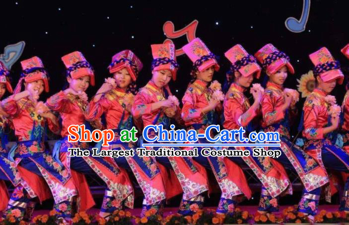 Chinese Qiang Nationality Stage Performance Clothing Minority Folk Dance Red Dress Uniforms Sichuan Ethnic Festival Garment Costumes and Headdress