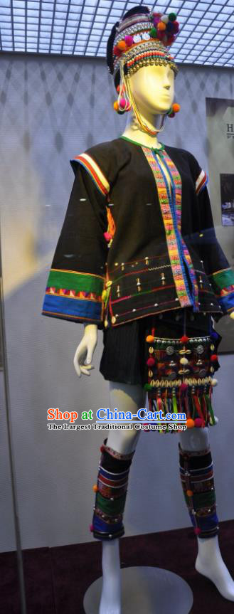 Chinese Hani Nationality Female Clothing Minority Folk Dance Black Skirt Uniforms Yunnan Ethnic Woman Garment Costumes and Headdress