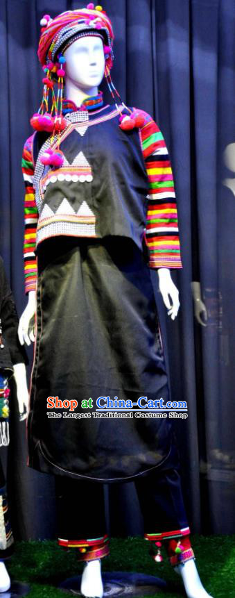 Chinese Mojiang Hani Nationality Female Clothing Hanis Minority Black Uniforms Yunnan Ethnic Folk Dance Garment Costumes and Headwear