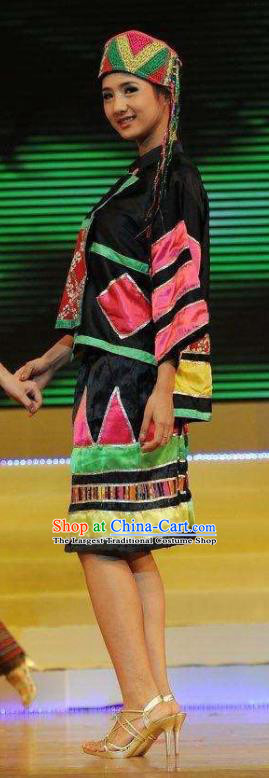 Chinese Li Nationality Folk Dance Clothing Minority Female Black Dress Uniforms Guizhou Ethnic Performance Garment Costumes and Headpiece