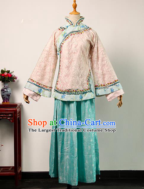 China Ancient Young Mistress Pink Blouse and Green Skirt Qing Dynasty Rich Lady Garments Traditional Drama Da Zhai Men Clothing