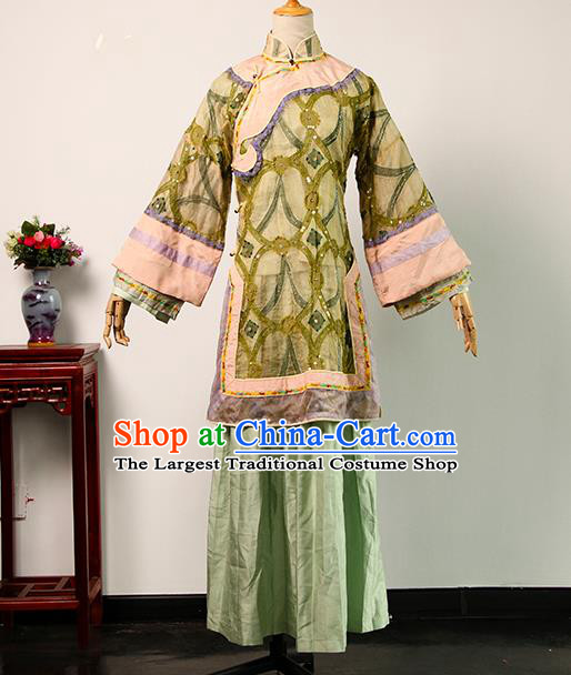 China Ancient Noble Mistress Green Blouse and Skirt Qing Dynasty Garments Traditional Drama Da Zhai Men Rich Woman Clothing