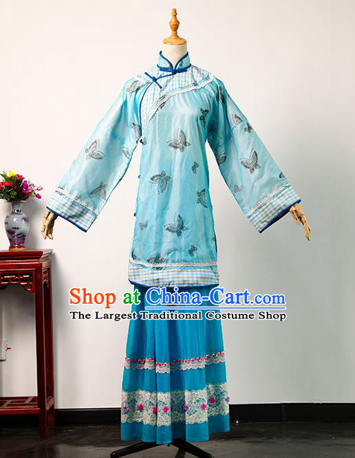 China Ancient Young Lady Printing Butterfly Blue Blouse and Skirt Qing Dynasty Garments Traditional Drama Da Zhai Men Rich Mistress Clothing