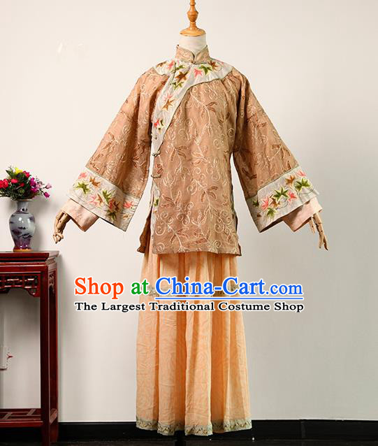 China Ancient Rich Mistress Khaki Blouse and Orange Skirt Qing Dynasty Garments Traditional Drama Da Zhai Men Young Woman Clothing