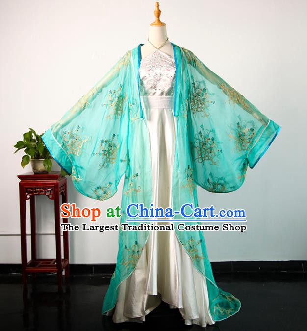 China Ancient Goddess Blue Hanfu Dress Tang Dynasty Princess Garments Traditional Drama Cosplay Fairy Clothing