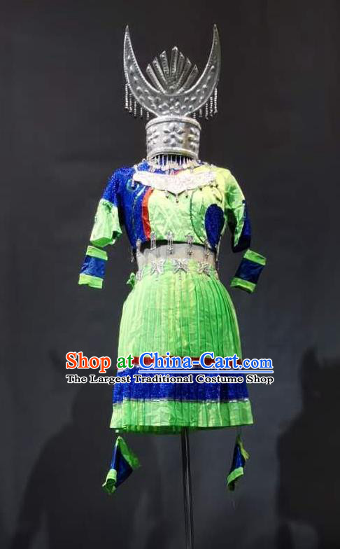 Chinese Hmong Minority Stage Performance Clothing Miao Nationality Female Green Dress Xiangxi Ethnic Folk Dance Garment Costumes