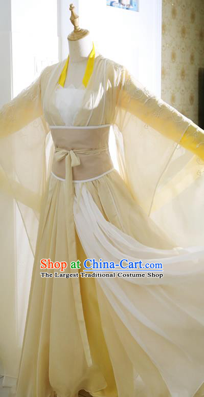 China Ancient Fairy Yellow Hanfu Dress Ming Dynasty Swordswoman Garments Traditional Drama The Heaven Sword and Dragon Saber Cosplay Clothing