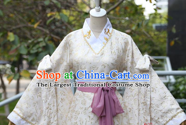 China Ancient Noble Lady Beige Hanfu Dress Cosplay Female Swordsman Garments Traditional Drama Wind and Cloud You Ruo Clothing