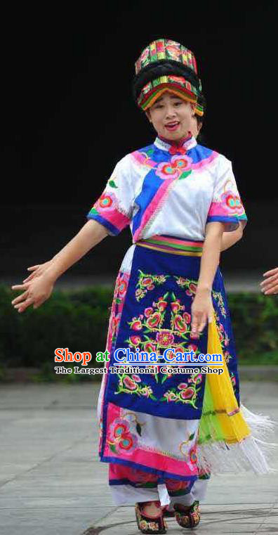 Chinese Qiang Nationality Performance Clothing Minority Folk Dance Dress Uniforms Sichuan Ethnic Festival Garment Costumes and Headwear