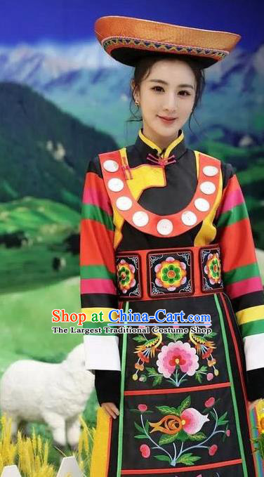 Chinese Tu Nationality Performance Clothing Tujia Minority Folk Dance Dress Uniforms Xiangxi Ethnic Festival Garment Costumes and Hat