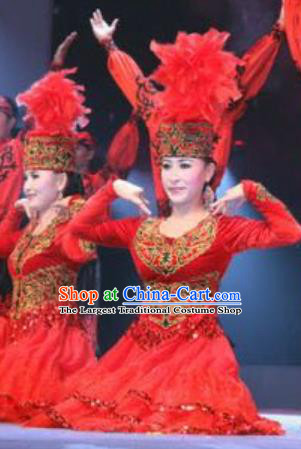 Chinese Kyrgyz Nationality Performance Clothing Khalkhas Minority Folk Dance Red Dress Uniforms Xinjiang Ethnic Garment Costumes and Headdress