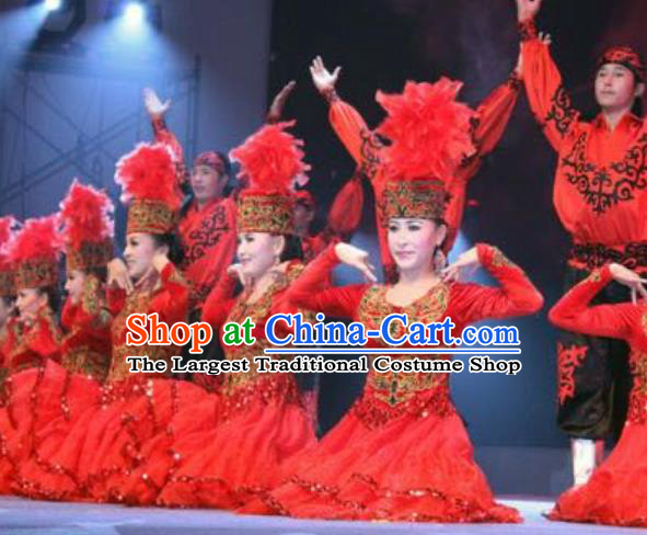 Chinese Kyrgyz Nationality Performance Clothing Khalkhas Minority Folk Dance Red Dress Uniforms Xinjiang Ethnic Garment Costumes and Headdress