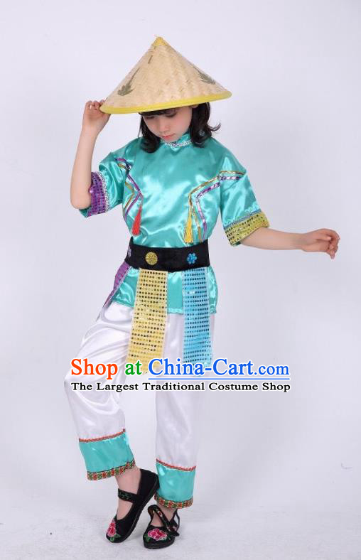 China Ethnic Garment Costumes Maonan Nationality Children Folk Dance Uniforms and Bamboo Hat