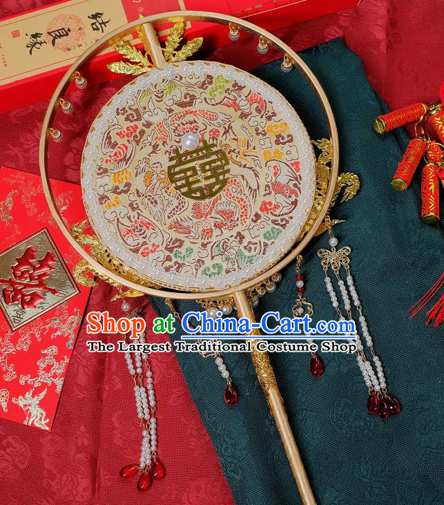 China Bride Cloisonne Phoenix Palace Fan Classical Dance Circular Fan Handmade White Silk Fan Traditional Wedding Pearls Fan