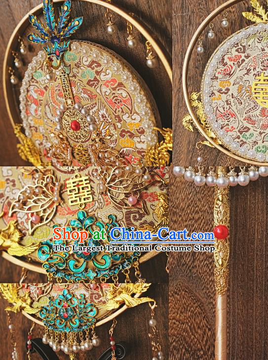 China Bride Cloisonne Phoenix Palace Fan Classical Dance Circular Fan Handmade White Silk Fan Traditional Wedding Pearls Fan