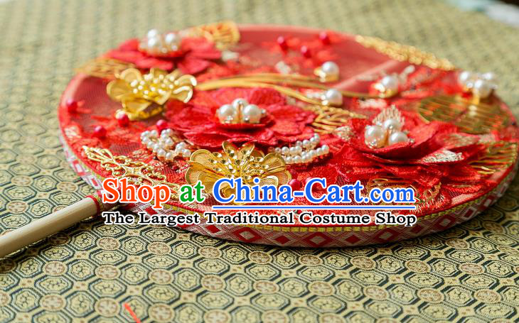China Handmade Silk Fan Traditional Wedding Golden Peony Fan Bride Palace Fan Classical Embroidered Fan