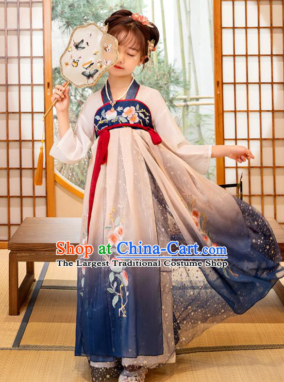 Chinese Children Performance Clothing Traditional Blue Hanfu Dress Ancient Tang Dynasty Princess Garment