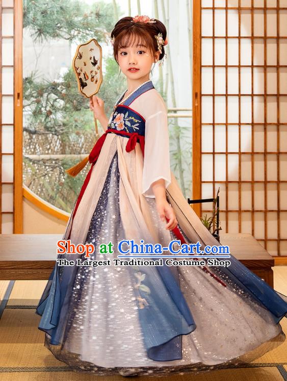 Chinese Children Performance Clothing Traditional Blue Hanfu Dress Ancient Tang Dynasty Princess Garment