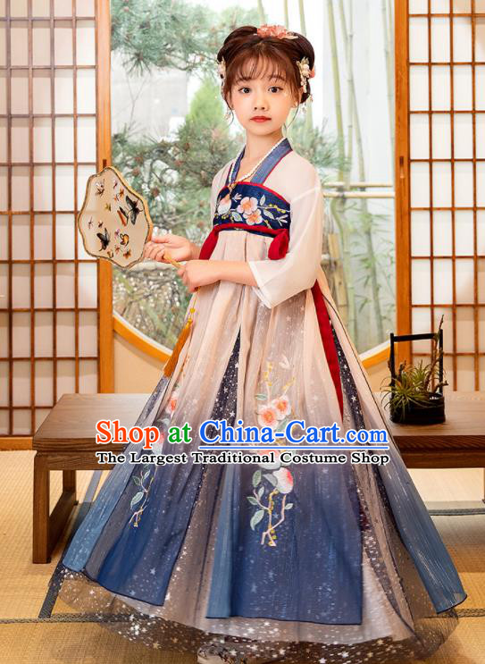 Chinese Children Performance Clothing Traditional Blue Hanfu Dress Ancient Tang Dynasty Princess Garment