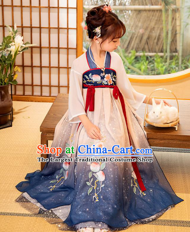 Chinese Children Performance Clothing Traditional Blue Hanfu Dress Ancient Tang Dynasty Princess Garment