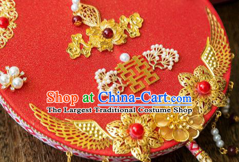 China Bride Palace Fan Classical Dance Circular Fan Handmade Red Silk Fan Traditional Wedding Fan