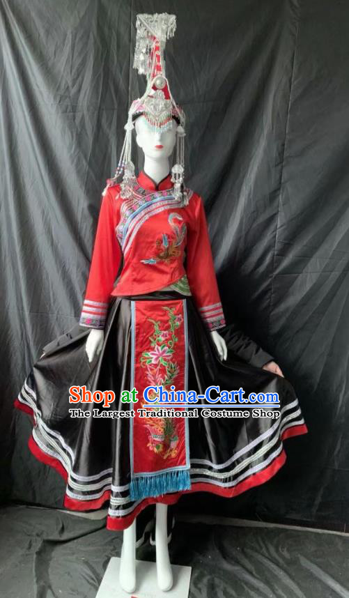 Chinese She Nationality Bride Clothing Minority Woman Wedding Red Dress Uniforms Guangdong Ethnic Garment Costumes and Hair Accessories