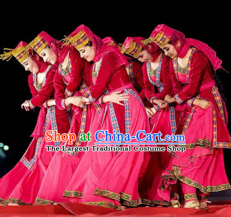 Chinese Tajik Nationality Bride Clothing Tayikos Minority Folk Dance Rosy Velvet Dress Uniforms Xinjiang Ethnic Performance Garment Costumes and Headwear
