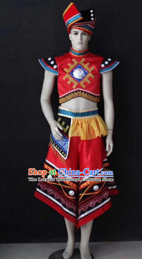 China Traditional Zhuang Nationality Young Male Red Outfits Wedding Clothing Guangxi Ethnic Bridegroom Garment Costumes and Headwear